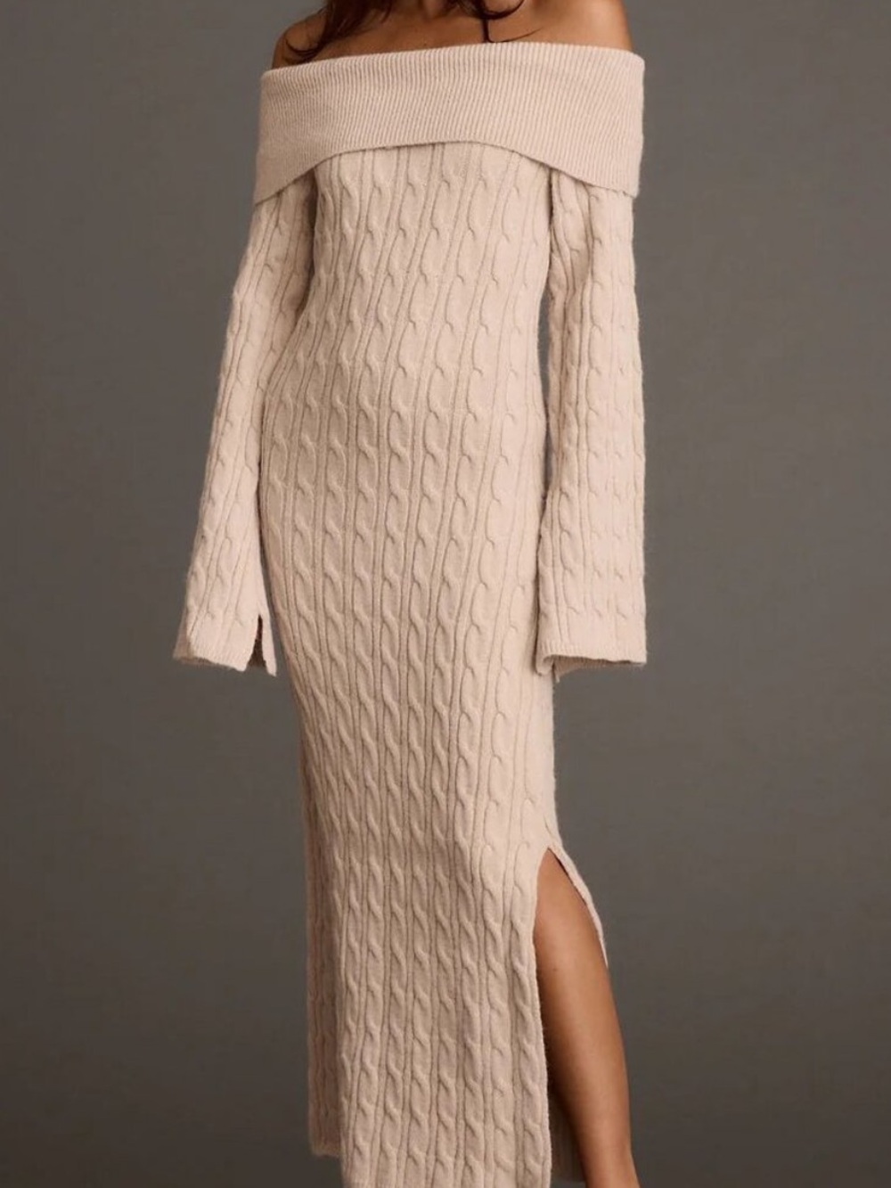 12th Tribe Cream Off-the-Shoulder Cable Knit Sweater Dress
